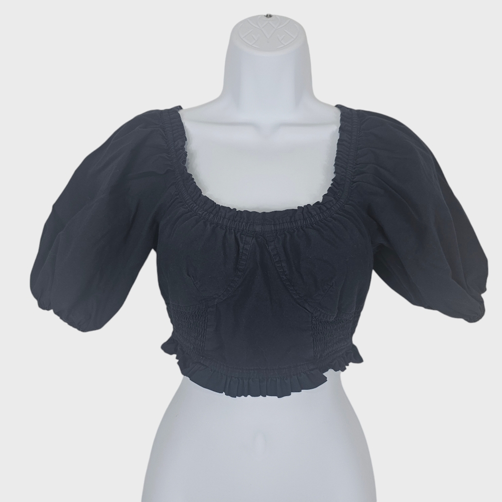 Free People Black Smocked Bustier Puff Sleeve Crop Top Bouse XS
